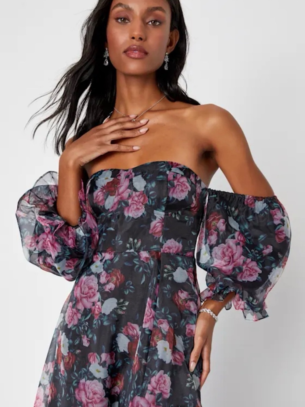 Lulus, True Excellence Black Floral Bustier Off-the-Shoulder Gown, Size M EUC - Picture 3 of 16